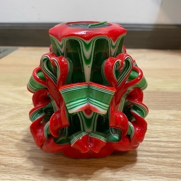 Handcrafted Carved Christmas Candle Red Green Swirl Holiday Decor - Picture 4 of 9